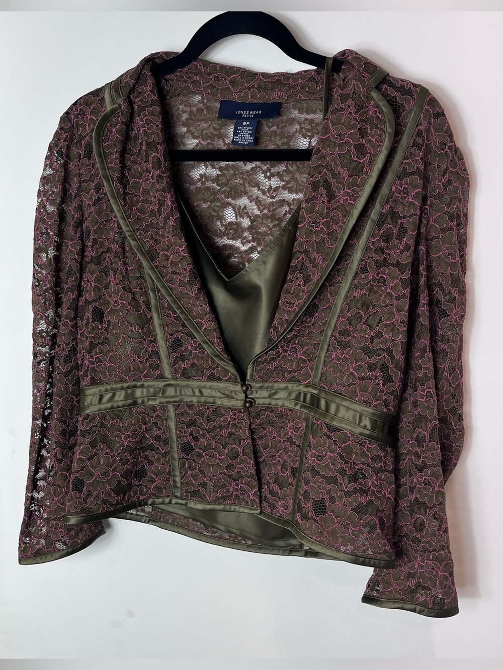 Y2K Jones New York Olive Green Satin Pink Floral Lace Suit Jacket 8P Career Tank